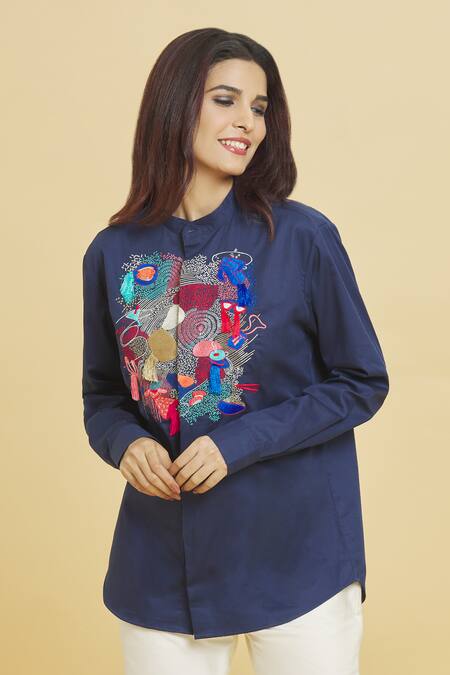 Shop Aiman Blue Cotton Embroidery Mandarin Collar Doodle Shirt Online at Aza Fashions Shop_Aiman_Blue Cotton Embroidery Mandarin Collar Doodle Shirt_Online_at_Aza_Fashions