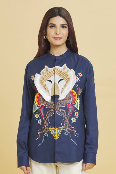 Aiman Blue Cotton Embroidery Mandarin Collar Wolf Doodle Shirt Online at Aza Fashions Aiman_Blue Cotton Embroidery Mandarin Collar Wolf Doodle Shirt_Online_at_Aza_Fashions