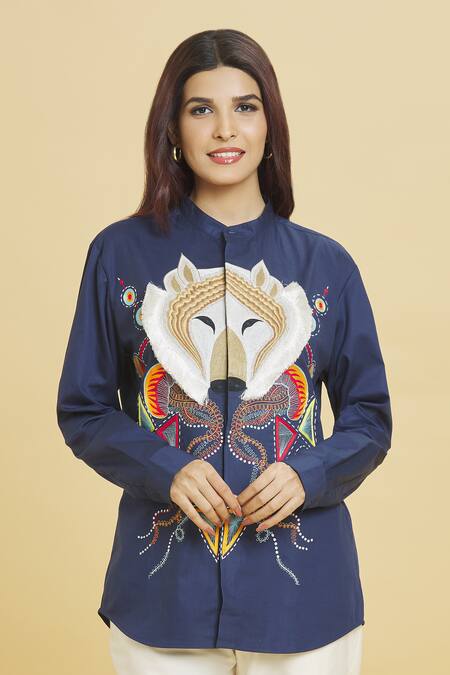 Buy Aiman Blue Cotton Embroidery Mandarin Collar Wolf Doodle Shirt Online at Aza Fashions Buy_Aiman_Blue Cotton Embroidery Mandarin Collar Wolf Doodle Shirt_Online_at_Aza_Fashions