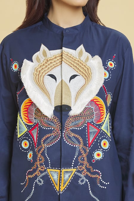 Shop Aiman Blue Cotton Embroidery Mandarin Collar Wolf Doodle Shirt Online at Aza Fashions Shop_Aiman_Blue Cotton Embroidery Mandarin Collar Wolf Doodle Shirt_Online_at_Aza_Fashions