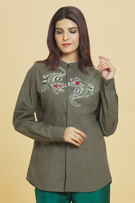 Aiman Grey Cotton Embroidery Crocodile Mandarin Collar Shirt 