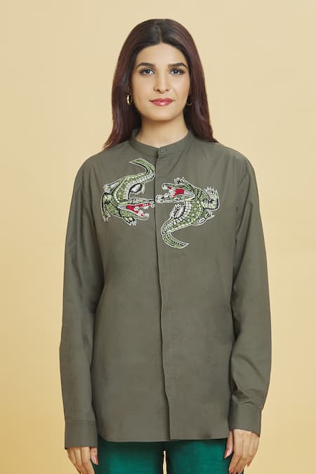 Aiman_Grey Cotton Embroidery Mandarin Collar Crocodile Shirt_Online_at_Aza_Fashions