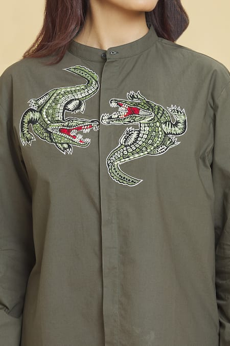 Aiman_Grey Cotton Embroidery Mandarin Collar Crocodile Shirt_at_Aza_Fashions