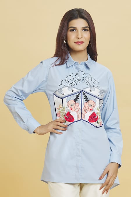 Buy Blue Cotton Embroidery Love Battery Collar Doodle Shirt For Women ...