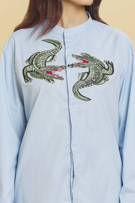 Aiman_Blue Cotton Embroidery Mandarin Collar Crocodile Doodle Shirt_at_Aza_Fashions