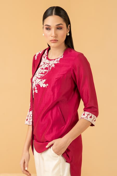 Shop_Divi By Sonal Khandelwal_Fuchsia Chanderi Pearls, Sequins Floral Placement Embroidered Top And Palazzo Set _Online_at_Aza_Fashions