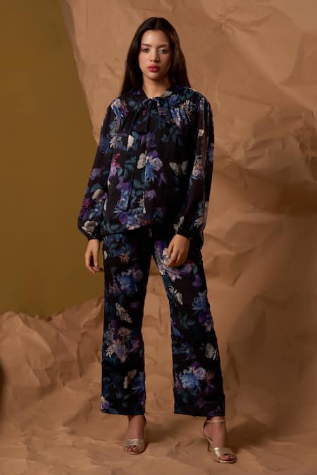 Enness Studio Black Satin Georgette Print Floral Front Knotted Horizon Bloom Top With Pant 