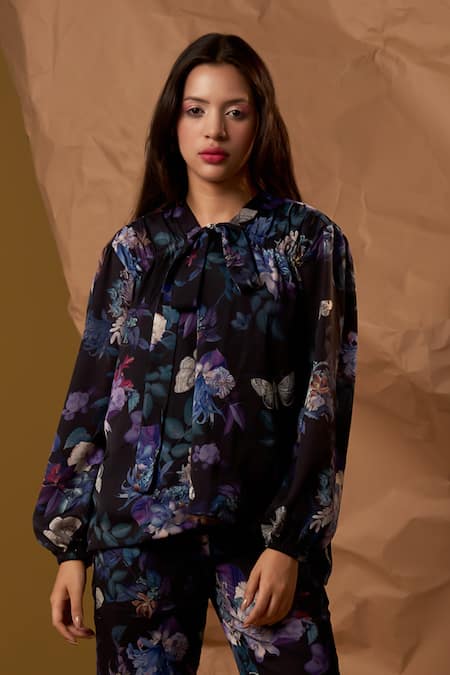 Enness Studio_Black Georgette, Satin Embroidery Open Horizon Floral Bloom Print Top With Pant _Online_at_Aza_Fashions