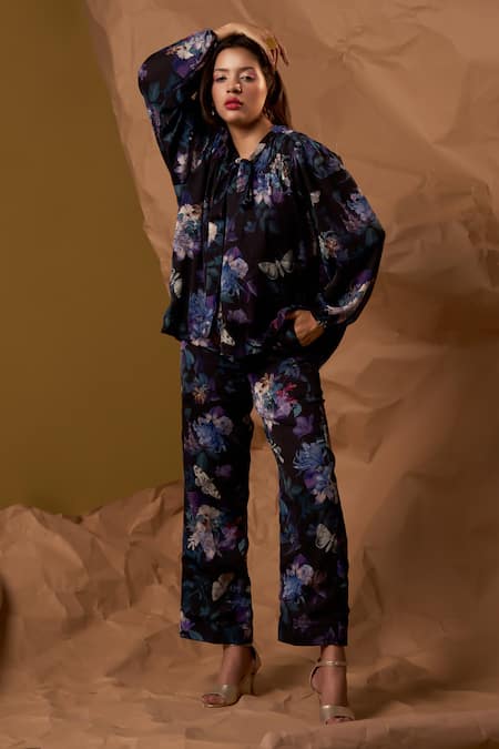 Buy_Enness Studio_Black Georgette, Satin Embroidery Open Horizon Floral Bloom Print Top With Pant _Online_at_Aza_Fashions