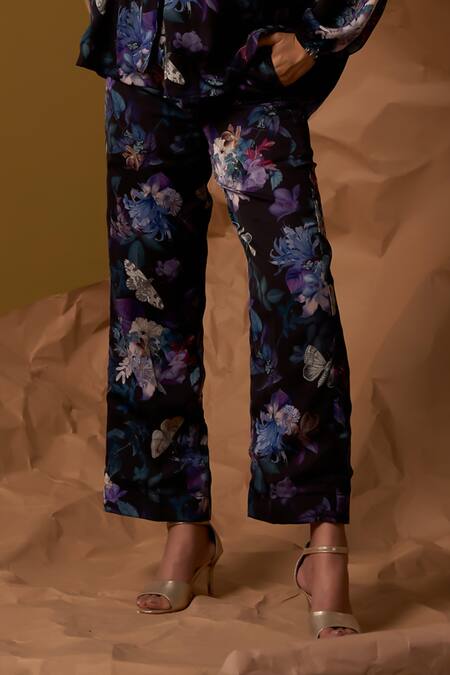 Shop_Enness Studio_Black Georgette, Satin Embroidery Open Horizon Floral Bloom Print Top With Pant _Online_at_Aza_Fashions