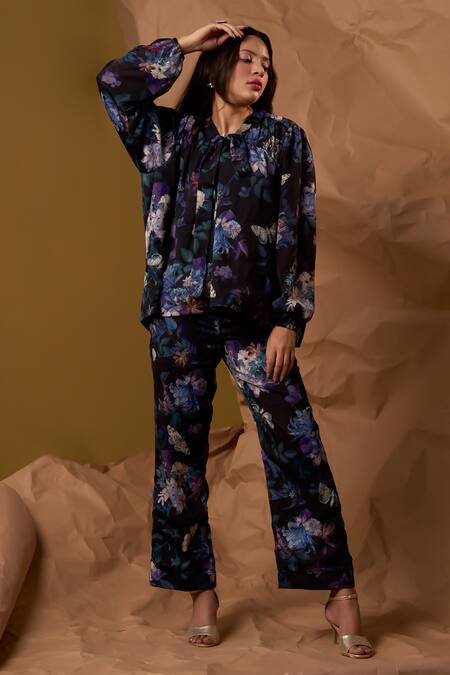 Enness Studio_Black Georgette, Satin Embroidery Open Horizon Floral Bloom Print Top With Pant _at_Aza_Fashions