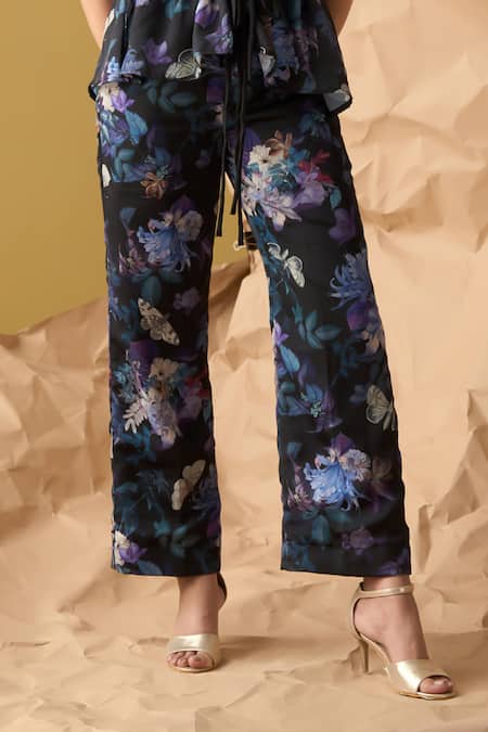 Enness Studio_Black Satin, Georgette Collared Last Horizon Floral Print Gathered Top With Pant _Online_at_Aza_Fashions