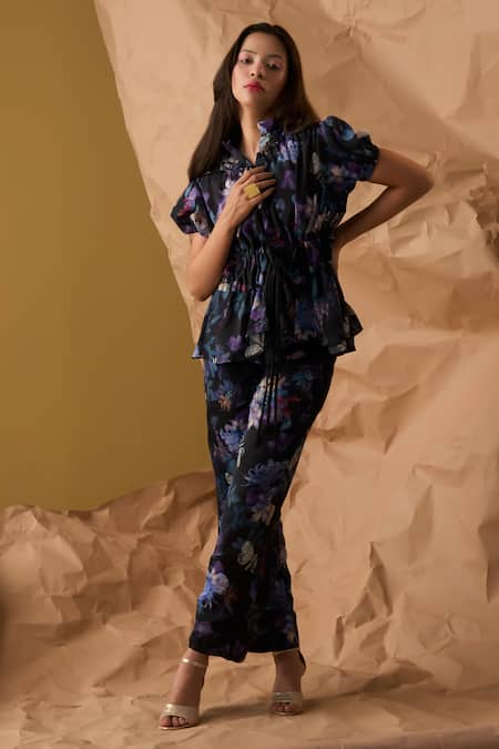 Buy_Enness Studio_Black Satin, Georgette Collared Last Horizon Floral Print Gathered Top With Pant _Online_at_Aza_Fashions