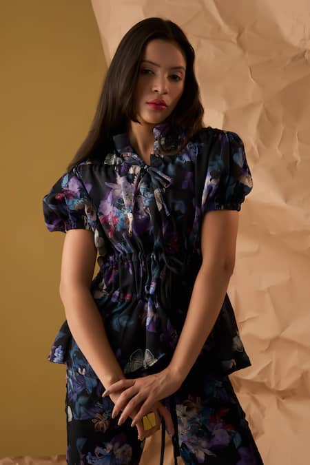 Shop_Enness Studio_Black Satin, Georgette Collared Last Horizon Floral Print Gathered Top With Pant _Online_at_Aza_Fashions
