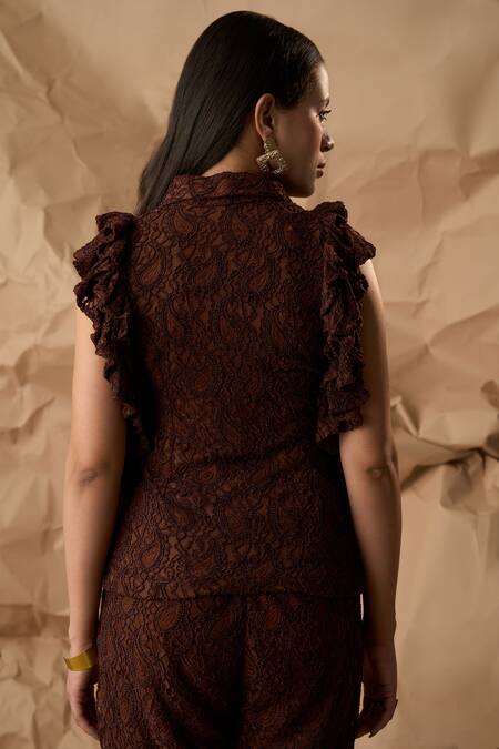 Shop Enness Studio Brown Lace Embroidery Collared Dawn Paisley Shirt at Aza Fashions Shop_Enness Studio_Brown Lace Embroidery Collared Dawn Paisley Shirt_at_Aza_Fashions