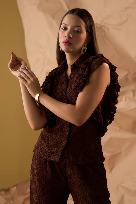 Enness Studio_Brown Lace Embroidery Collared Dawn Paisley Shirt With Pant_Online_at_Aza_Fashions