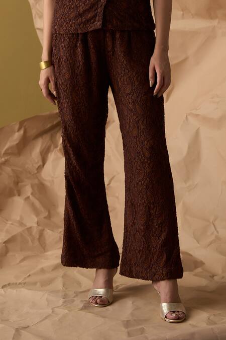 Buy_Enness Studio_Brown Lace Embroidery Collared Dawn Paisley Shirt With Pant_Online_at_Aza_Fashions