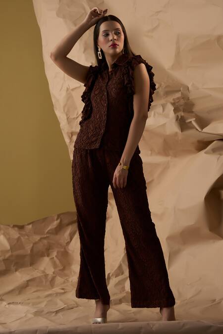 Shop_Enness Studio_Brown Lace Embroidery Collared Dawn Paisley Shirt With Pant_Online_at_Aza_Fashions