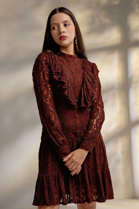 Buy Enness Studio Brown Lace Embroidery Round Neck Beacon Paisley Dress Online at Aza Fashions Buy_Enness Studio_Brown Lace Embroidery Round Neck Beacon Paisley Dress _Online_at_Aza_Fashions