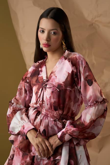 Buy_Enness Studio_Pink Satin, Georgette V-neck Sangria Floral Print Dress _Online_at_Aza_Fashions