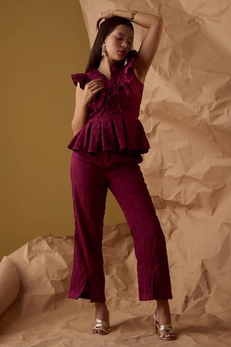 Enness Studio_Magenta Waffle Crepe Odette Peplum Top With Pant _Online_at_Aza_Fashions