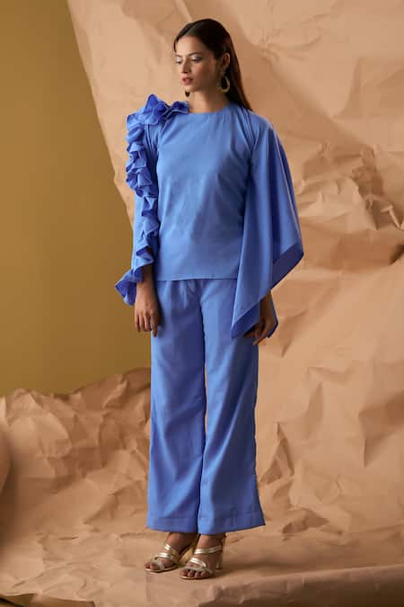 Enness Studio Blue Waffle Crepe Round Crecent Top With Pant 