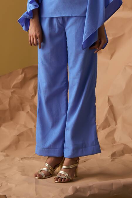 Enness Studio_Blue Crepe Round Neck Crecent Textured Top With Pant _Online_at_Aza_Fashions