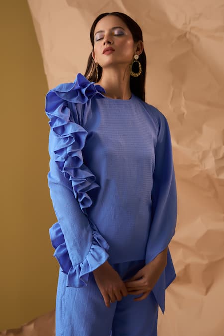 Buy_Enness Studio_Blue Crepe Round Neck Crecent Textured Top With Pant _Online_at_Aza_Fashions