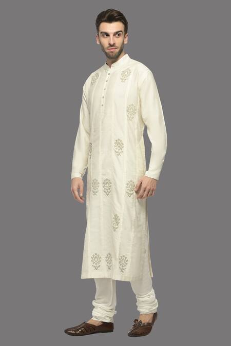 A!A By Abrar Ali_Ivory Katan Embroidered Floral Print Kurta With Churidar_Online_at_Aza_Fashions