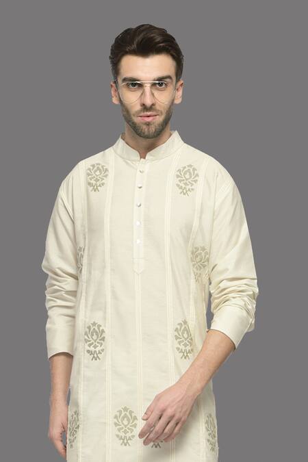 Buy_A!A By Abrar Ali_Ivory Katan Embroidered Floral Print Kurta With Churidar_Online_at_Aza_Fashions