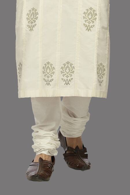 Shop_A!A By Abrar Ali_Ivory Katan Embroidered Floral Print Kurta With Churidar_Online_at_Aza_Fashions