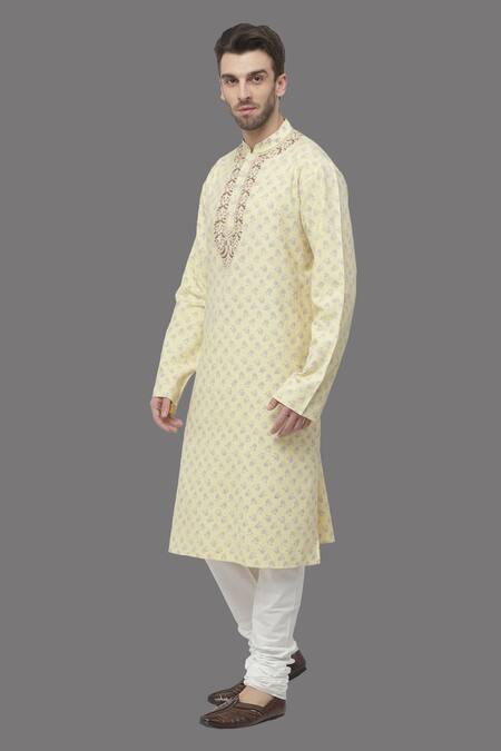 A!A By Abrar Ali_Yellow Handloom , Embroidery Floral Print Kurta With Churidar_Online_at_Aza_Fashions