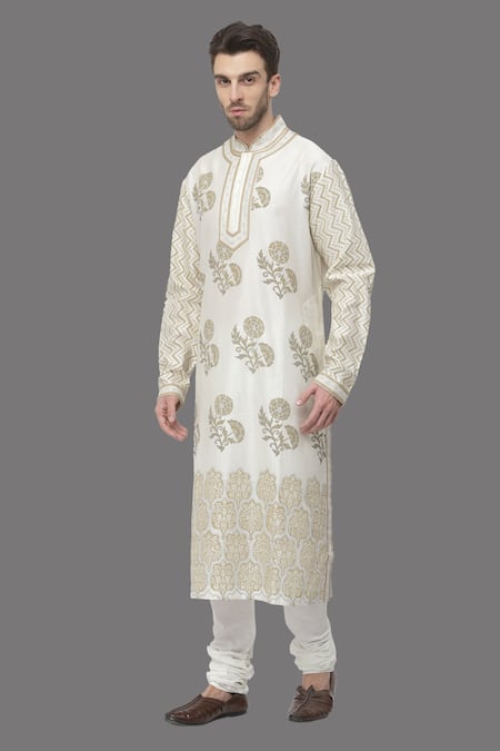 A!A By Abrar Ali_Ivory Chanderi Printed Floral Kurta With Churidar_Online_at_Aza_Fashions