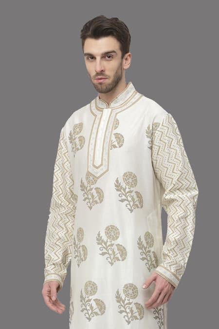 Buy_A!A By Abrar Ali_Ivory Chanderi Printed Floral Kurta With Churidar_Online_at_Aza_Fashions