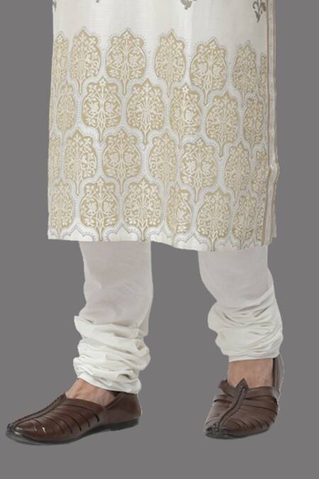 Shop_A!A By Abrar Ali_Ivory Chanderi Printed Floral Kurta With Churidar_Online_at_Aza_Fashions
