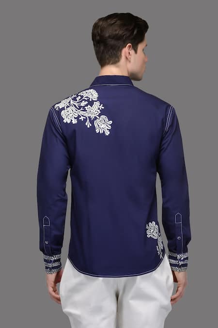 Shop A!A By Abrar Ali Blue Fine Poplin Printed Floral Placed Shirt at Aza Fashions Shop_A!A By Abrar Ali_Blue Fine Poplin Printed Floral Placed Shirt_at_Aza_Fashions