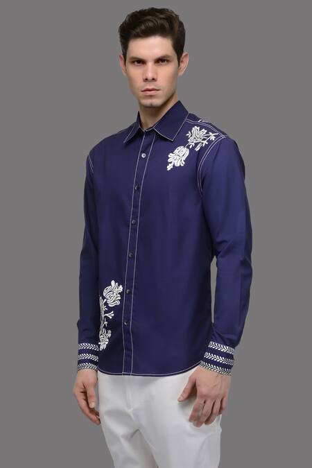 A!A By Abrar Ali Blue Fine Poplin Printed Floral Placed Shirt Online at Aza Fashions A!A By Abrar Ali_Blue Fine Poplin Printed Floral Placed Shirt_Online_at_Aza_Fashions