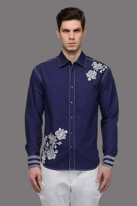 Buy A!A By Abrar Ali Blue Fine Poplin Printed Floral Placed Shirt Online at Aza Fashions Buy_A!A By Abrar Ali_Blue Fine Poplin Printed Floral Placed Shirt_Online_at_Aza_Fashions