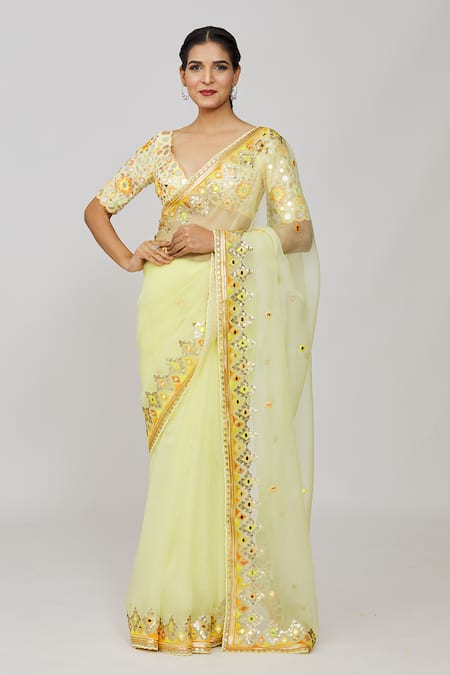Gopi Vaid_Yellow Organza, Cotton, Silk Sequins, Priyal Embroidered Saree And Blouse Set _at_Aza_Fashions