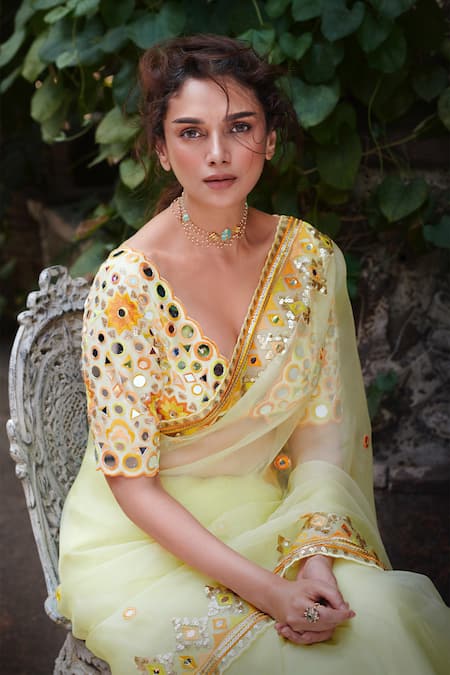 Buy_Gopi Vaid_Yellow Organza, Cotton, Silk Sequins, Priyal Embroidered Saree And Blouse Set 