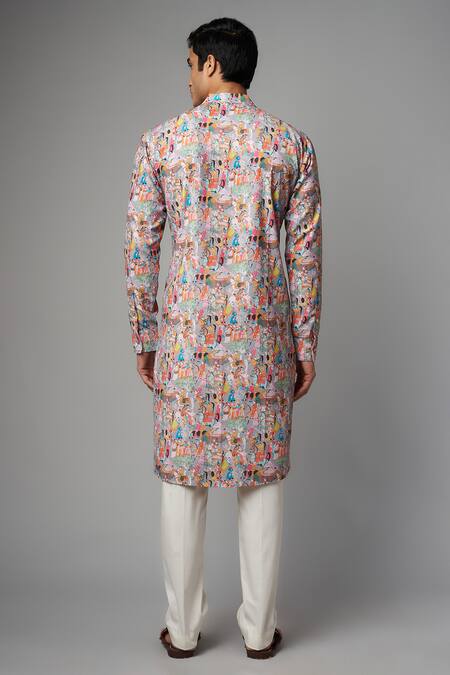 Shop_Rabani & Rakha_Grey Crepe Embroidery Rajput Print Kurta Set _at_Aza_Fashions