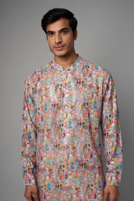 Buy_Rabani & Rakha_Grey Crepe Embroidery Rajput Print Kurta Set _Online_at_Aza_Fashions