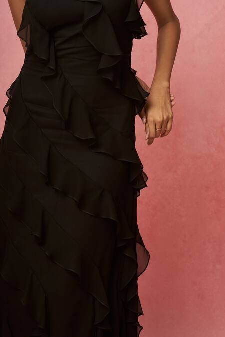 Shop_Label Frow_Black Viscose, Georgette V-neck Frill Detail Dress_Online_at_Aza_Fashions