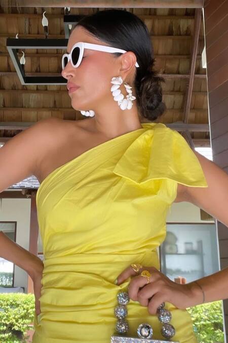 Buy_Label Frow_Yellow Cotton Bows One Shoulder Dress_Online_at_Aza_Fashions