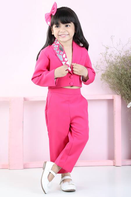The Little Celebs_Pink Cotton, Crepe Placed Faux Mirrorwork Short Coat With Pant _Online_at_Aza_Fashions