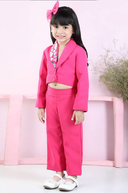 Shop_The Little Celebs_Pink Cotton, Crepe Placed Faux Mirrorwork Short Coat With Pant _Online_at_Aza_Fashions
