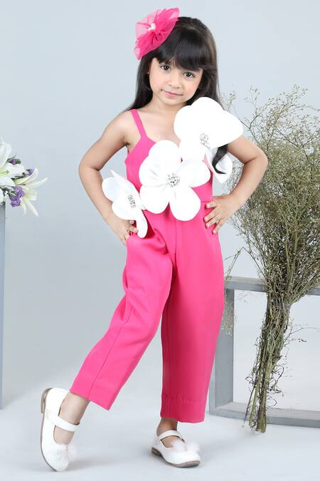 Buy_The Little Celebs_Pink Crepe Embroidery Floral Applique Jumpsuit _Online_at_Aza_Fashions