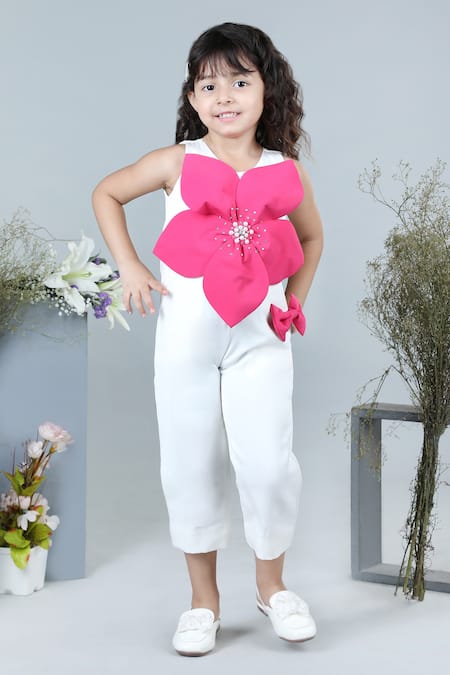 The little celebs Floral Applique White Jumpsuit 