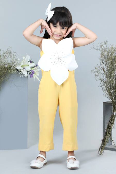 The Little Celebs_Yellow Crepe Embroidery Floral Applique Pattern Jumpsuit _Online_at_Aza_Fashions