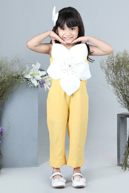 Shop_The Little Celebs_Yellow Crepe Embroidery Floral Applique Pattern Jumpsuit _Online_at_Aza_Fashions